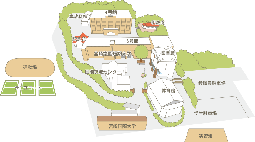 宮崎学園短期大学・宮崎国際大学のキャンパスマップ